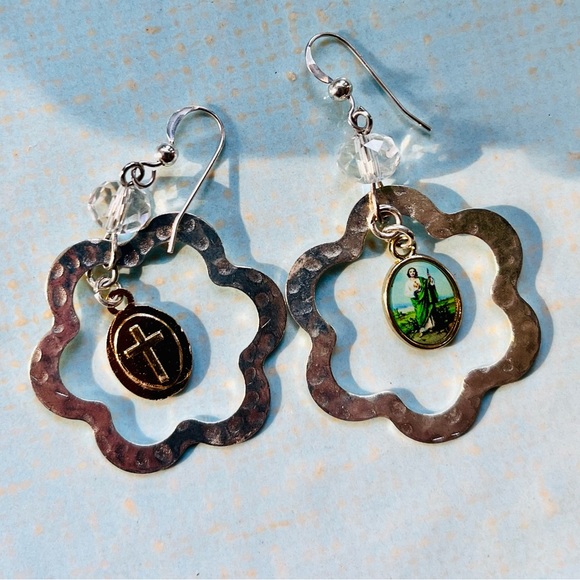 SOLD St. Jude Hammered Silver Dangle Earrings - Picture 9 of 16